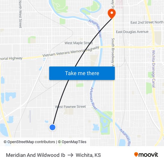 Meridian And Wildwood Ib to Wichita, KS map