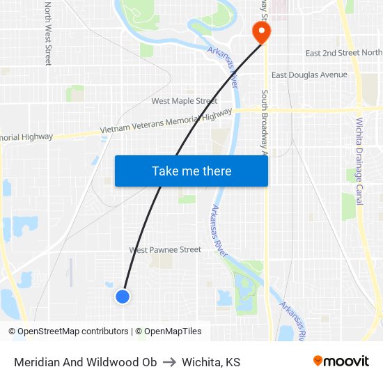 Meridian And Wildwood Ob to Wichita, KS map