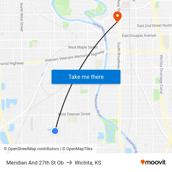 Meridian And 27th St Ob to Wichita, KS map