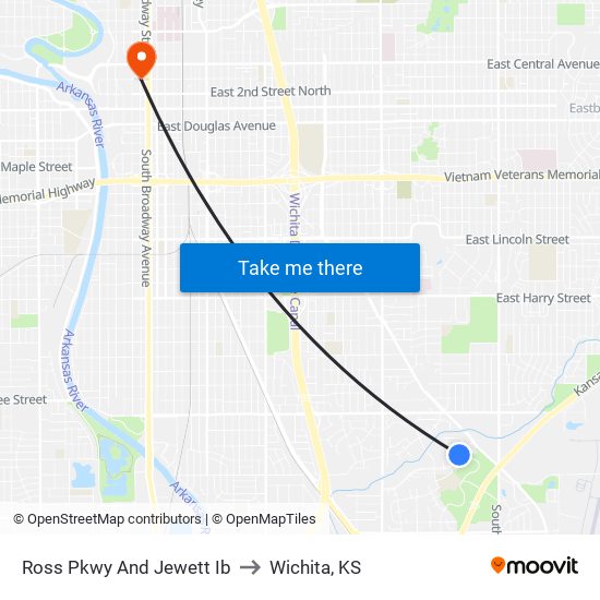 Ross Pkwy And Jewett Ib to Wichita, KS map