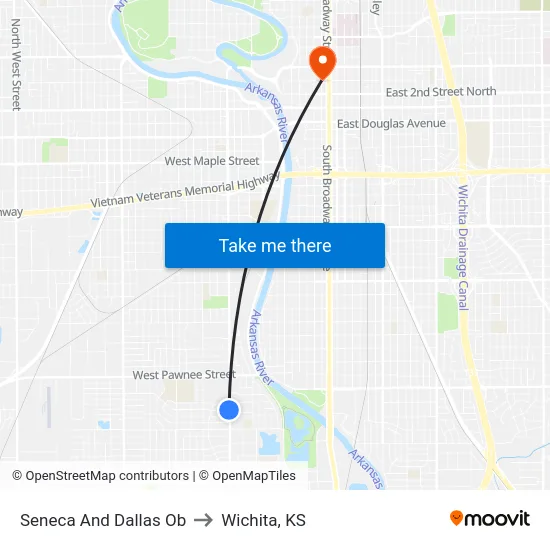 Seneca And Dallas Ob to Wichita, KS map