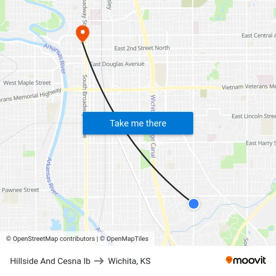 Hillside And Cesna Ib to Wichita, KS map