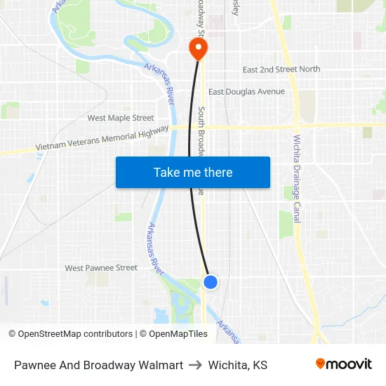 Pawnee And Broadway Walmart to Wichita, KS map