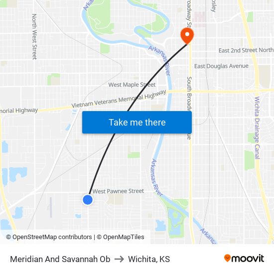 Meridian And Savannah Ob to Wichita, KS map