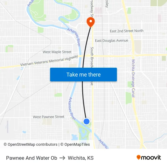 Pawnee And Water Ob to Wichita, KS map
