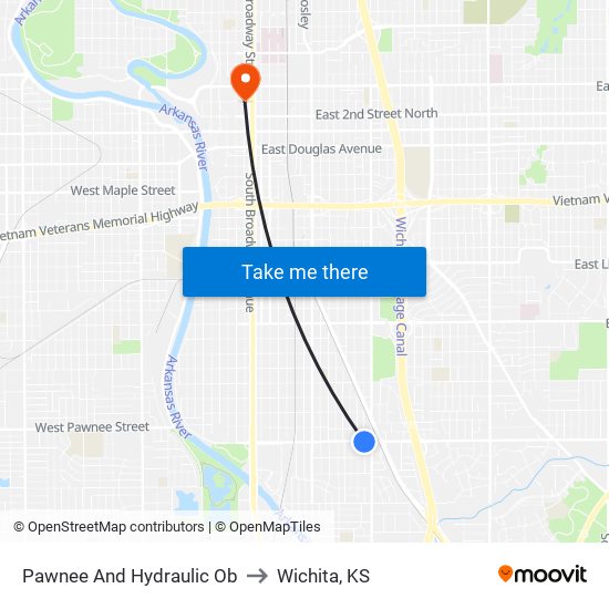 Pawnee And Hydraulic Ob to Wichita, KS map