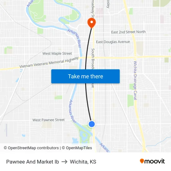 Pawnee And Market Ib to Wichita, KS map