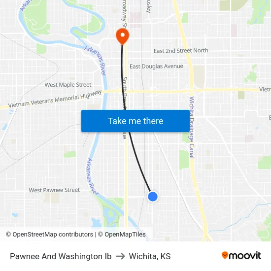 Pawnee And Washington Ib to Wichita, KS map