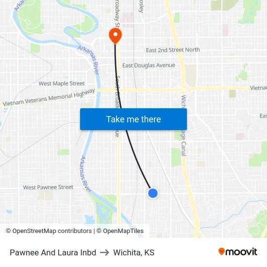 Pawnee And Laura  Inbd to Wichita, KS map