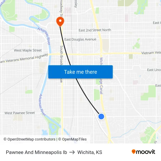 Pawnee And Minneapolis Ib to Wichita, KS map