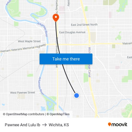 Pawnee And Lulu Ib to Wichita, KS map