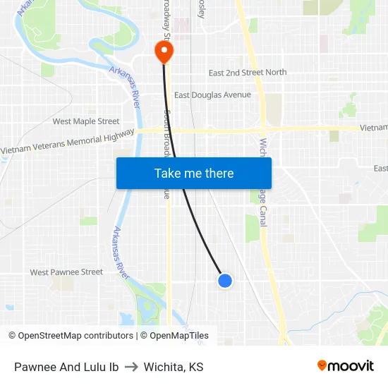 Pawnee And Lulu Ib to Wichita, KS map