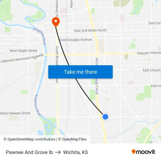 Pawnee And Grove Ib to Wichita, KS map
