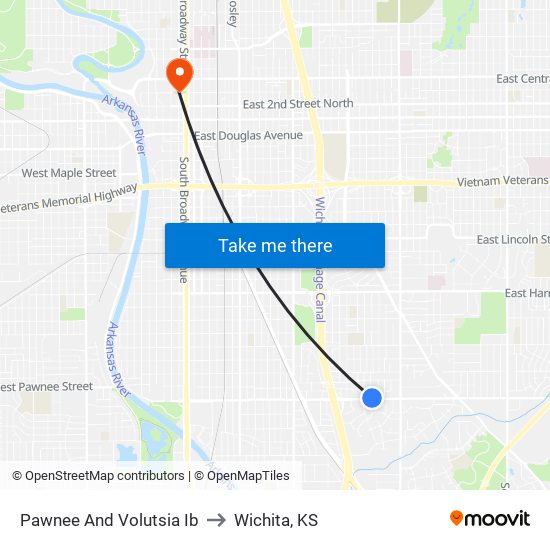 Pawnee And Volutsia Ib to Wichita, KS map