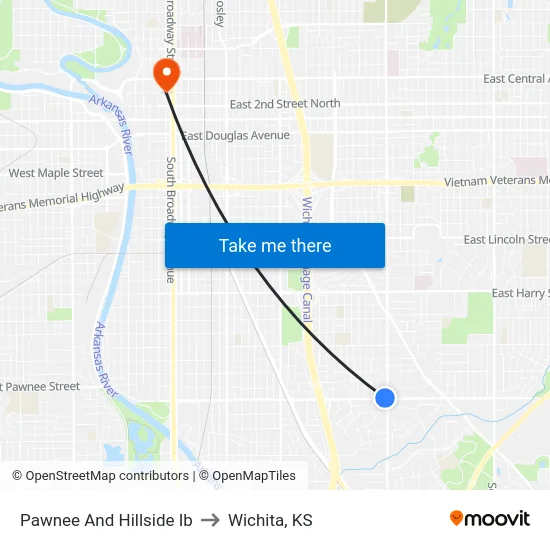 Pawnee And Hillside Ib to Wichita, KS map