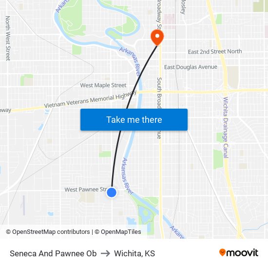 Seneca And Pawnee Ob to Wichita, KS map