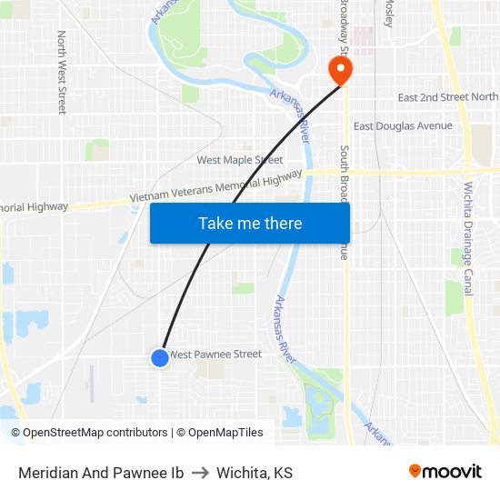 Meridian And Pawnee Ib to Wichita, KS map