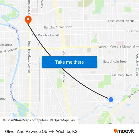Oliver And Pawnee Ob to Wichita, KS map