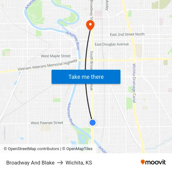 Broadway And Blake to Wichita, KS map
