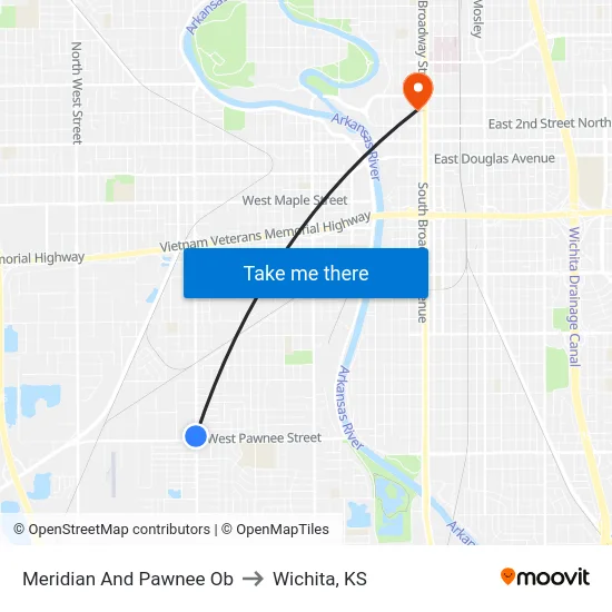 Meridian And Pawnee Ob to Wichita, KS map