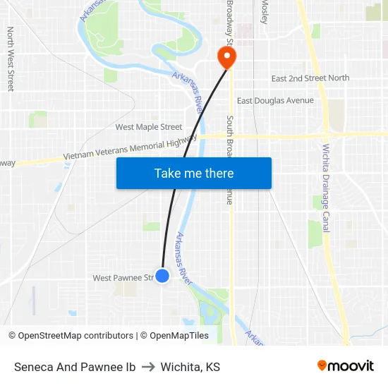 Seneca And Pawnee Ib to Wichita, KS map