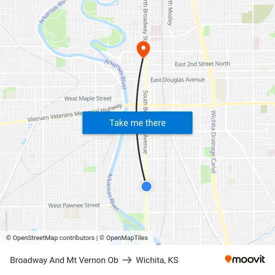 Broadway And Mt Vernon Ob to Wichita, KS map