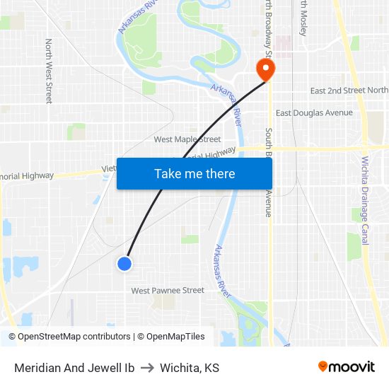 Meridian And Jewell Ib to Wichita, KS map