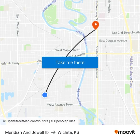 Meridian And Jewell Ib to Wichita, KS map