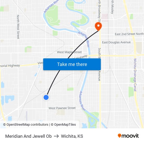 Meridian And Jewell Ob to Wichita, KS map