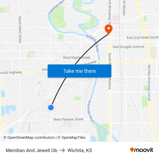Meridian And Jewell Ob to Wichita, KS map