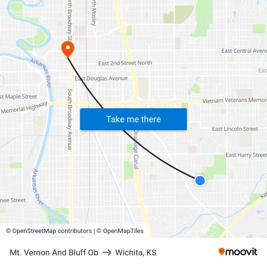 Mt. Vernon And Bluff Ob to Wichita, KS map