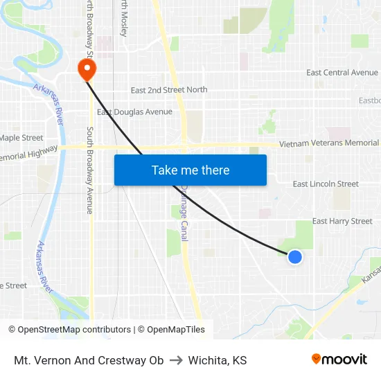 Mt. Vernon And Crestway Ob to Wichita, KS map