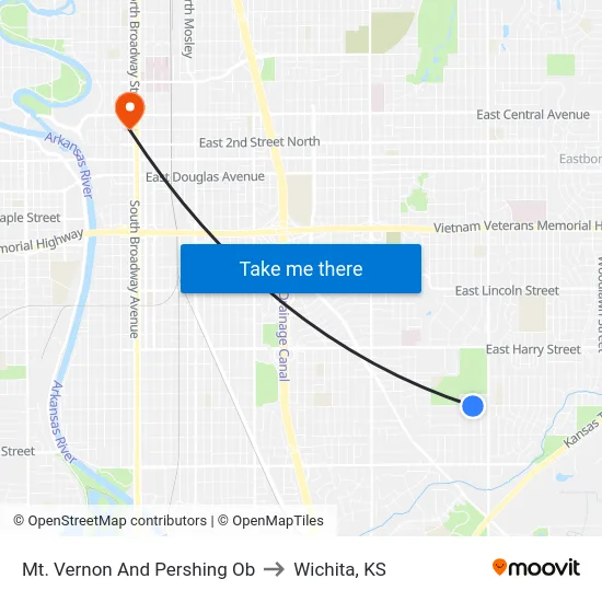 Mt. Vernon And Pershing Ob to Wichita, KS map