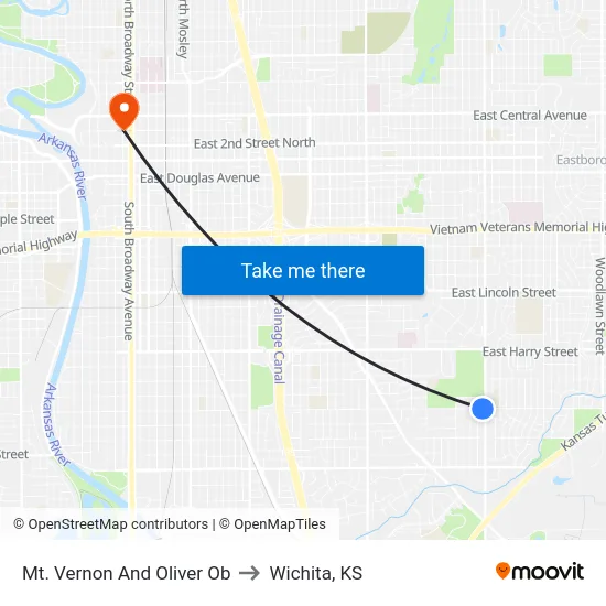 Mt. Vernon And Oliver Ob to Wichita, KS map