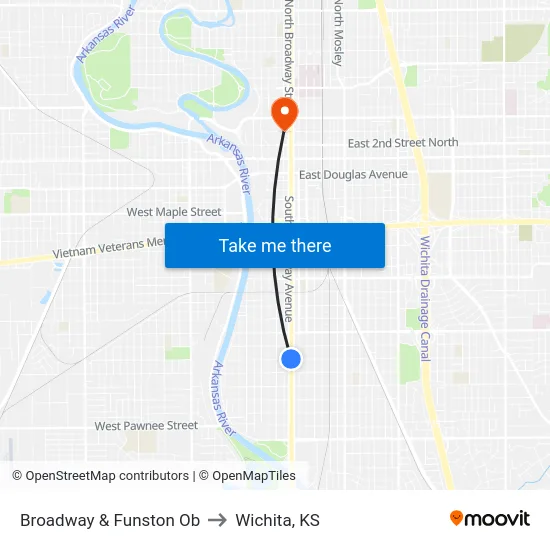 Broadway & Funston Ob to Wichita, KS map