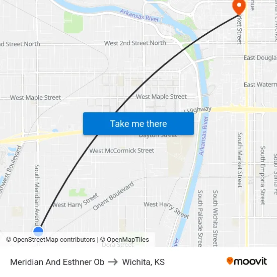 Meridian And Esthner Ob to Wichita, KS map