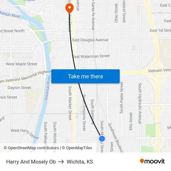 Harry And Mosely Ob to Wichita, KS map