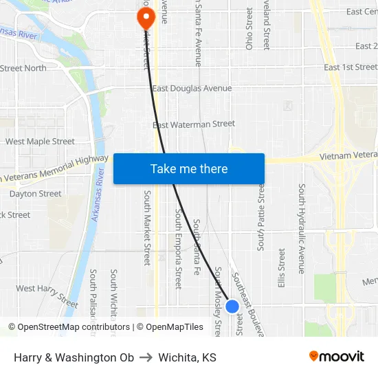 Harry & Washington Ob to Wichita, KS map
