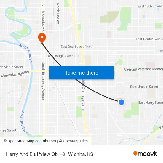 Harry And Bluffview Ob to Wichita, KS map