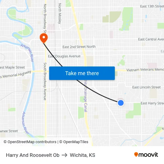 Harry And Roosevelt Ob to Wichita, KS map