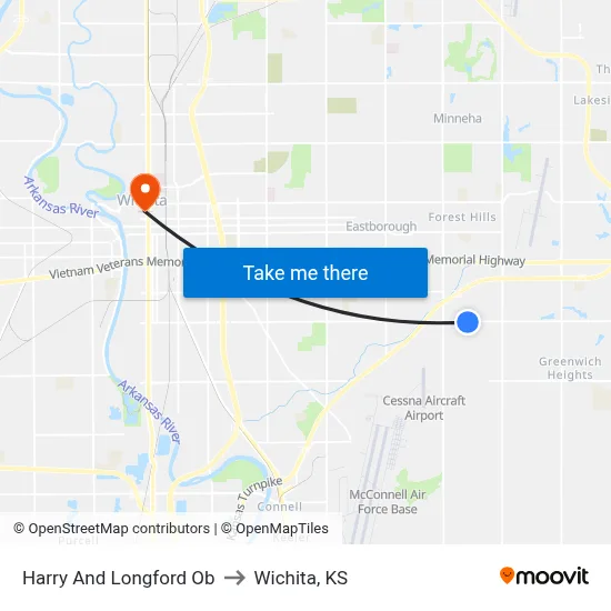 Harry And Longford Ob to Wichita, KS map