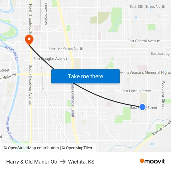 Harry & Old Manor Ob to Wichita, KS map