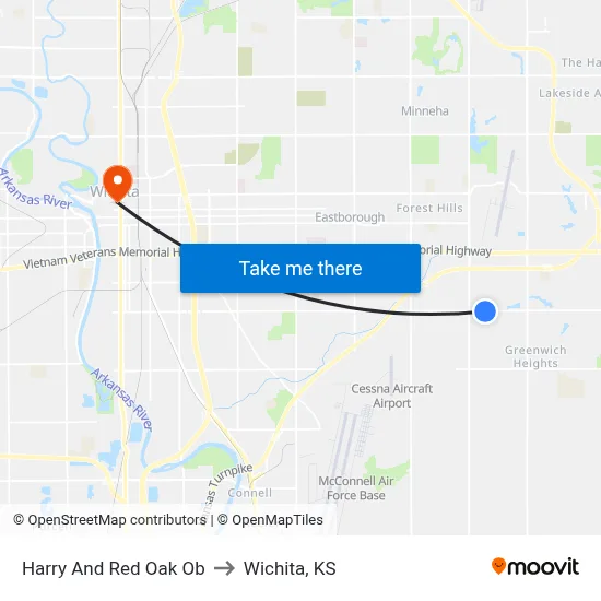 Harry And Red Oak Ob to Wichita, KS map