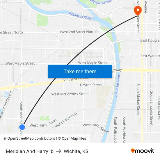 Meridian And Harry Ib to Wichita, KS map