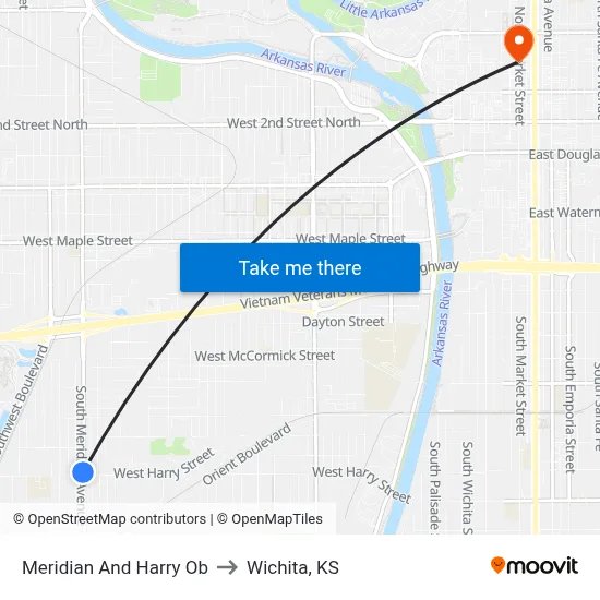 Meridian And Harry Ob to Wichita, KS map