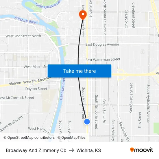 Broadway And Zimmerly Ob to Wichita, KS map