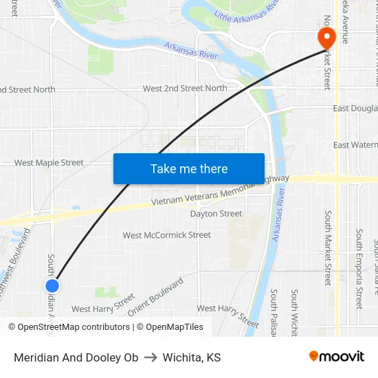 Meridian And Dooley Ob to Wichita, KS map