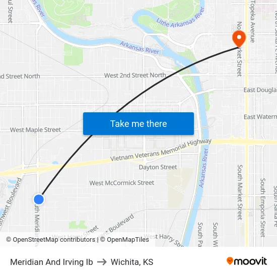 Meridian And Irving Ib to Wichita, KS map