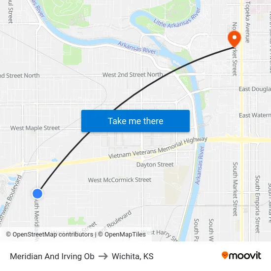 Meridian And Irving Ob to Wichita, KS map