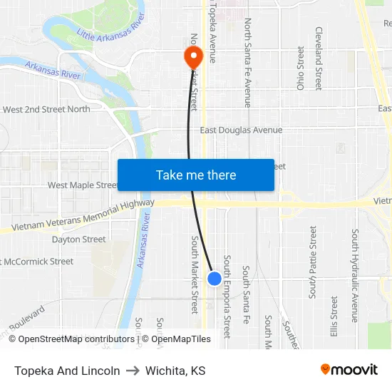 Topeka And Lincoln to Wichita, KS map